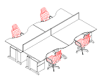 Four double wave desks in a cluster. A double wave allows better working for many users compared with straight desks but take up more floor space