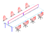 An 8 person bench desk illustration with central screen separating working area