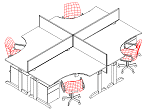Illustration showing how 4 corner desks can be orientated inorder that each worker is kept at maximum ddistance apart