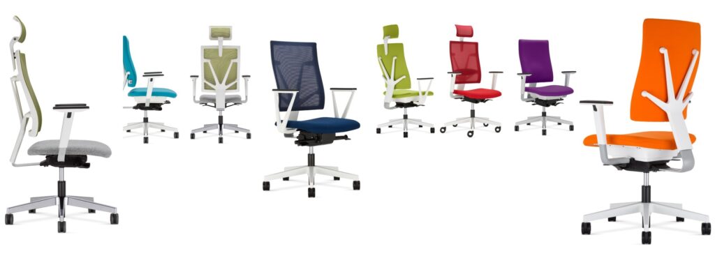 An array of 4 Me office swivel chairs in different colours, fabrics and configurations