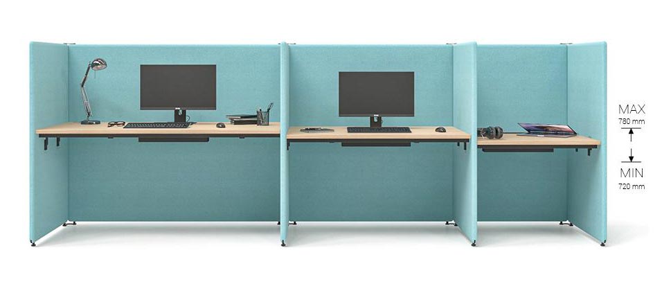 3 acoustic screen based desk positions in a line of different widths and heights 