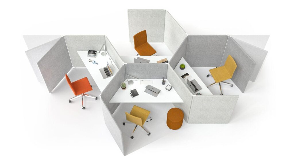 Hexagon shaped acoustic fabric screen configuration with integrated desks