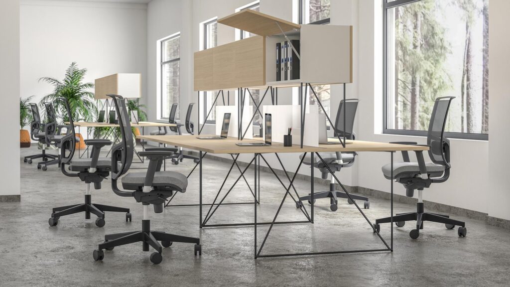 Air Wire-Framed Office Desking System with integrated overhead lockers 