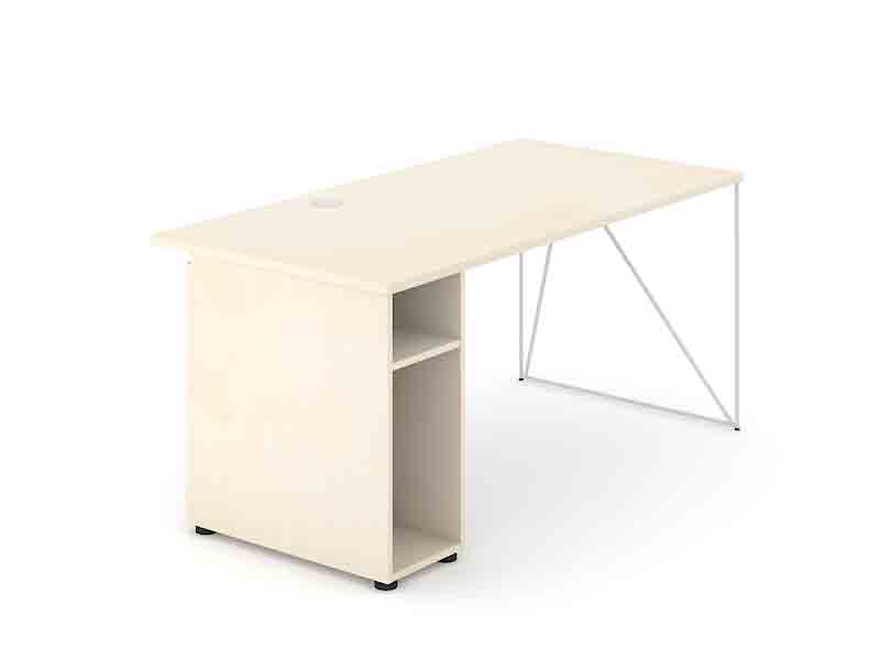 Air straight desk with wire frame legs at one side and supporting cabinet at the other