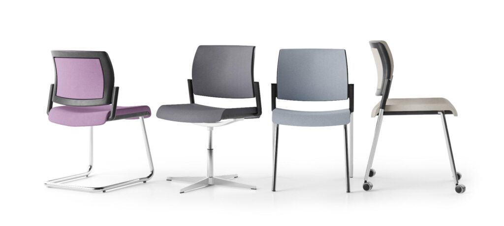 Aura meeting chairs showing all 4 base options - cantilever, swivel, 4 legged and 4 legged on castors