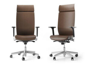Aura High-Backed Executive Chair in brown leather with synchronous ergonomic mechanism and full width integral leather headrest