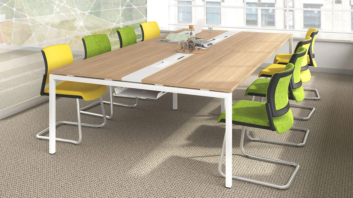 Aura Cantilever Meeting Chairs, Room shot showing boardroom table with 8 chairs in alternating yellow and green wool fabric