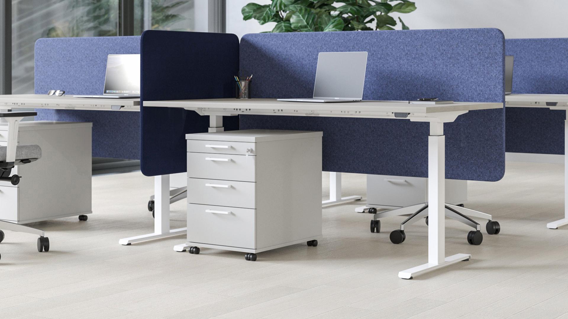 Be Active range of height adjustable Sit-Stand desks with large blue acoustic screens.