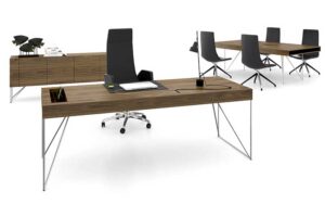 Air Executive desk , meeting table and credenza in walnut veneer and chromed tube frame legs