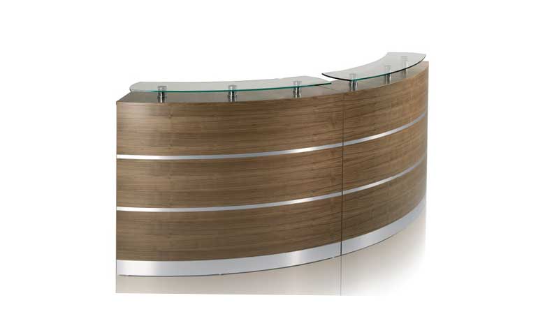 Curved reception counter with high front in real maple with glass counter top and aluminium banding