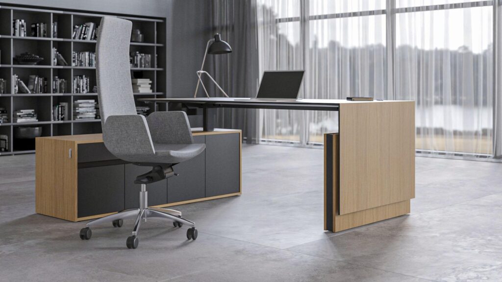 Motion executive height adjustable sit-stand desk suspended on return cabinet in oak veneer