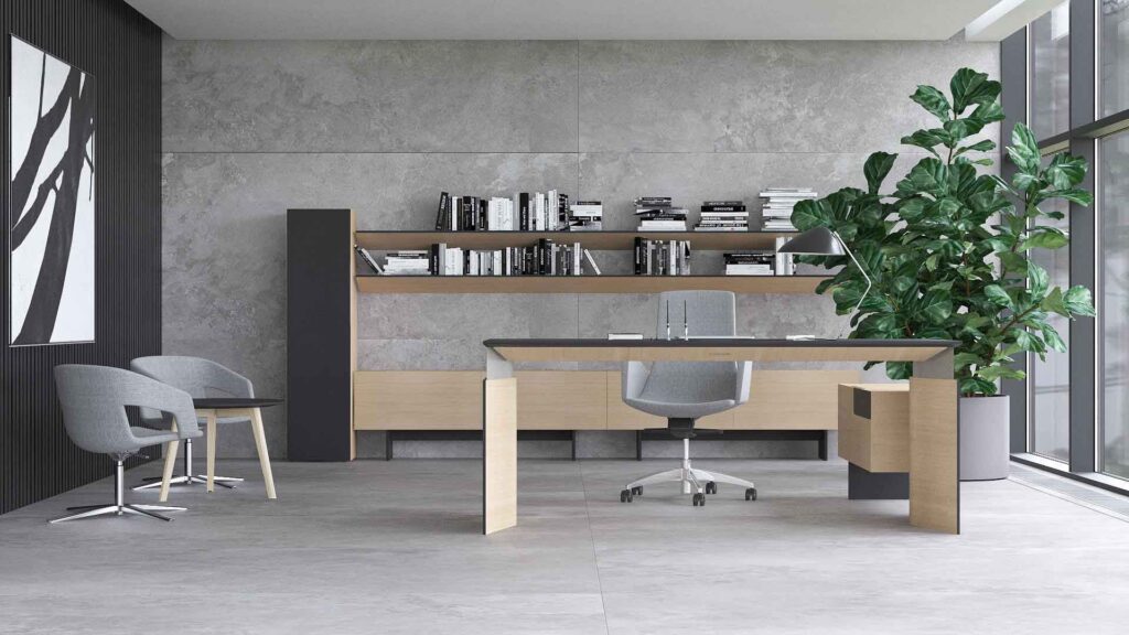 Move Sit Stand with complementary credenza and shelving unit in matching veneer finishes