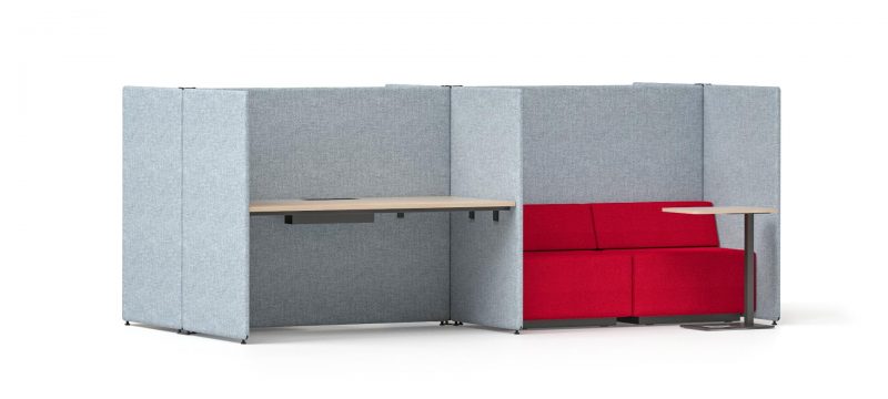 My Space acoustic screen based desk and soft seating compartments
