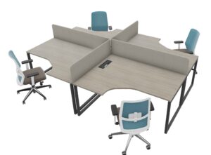 4 Crescent desks in a cluster with acoustic separation screens