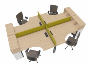 Cluster of 4 crescent shaped 1600mm by 1200mm desks with tower storage extended ends