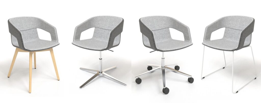 Twist n' Relax meeting and visitor chair range of bases showing wooden legs, conference 4 star swivel base, sled base and swivel 5 star base