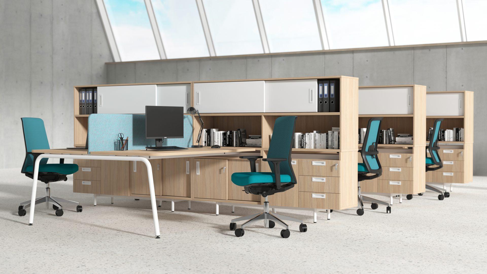 Bank of Office workstations with integrated tall personal storage offering visual and acoustic privacy for high concentration focussed work offering immense value at less than £1,000 per position. From Octopus Interiors London
