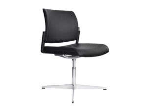 Aura meeting chair in black leather on polished swivel meeting base 