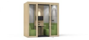Silent Room acoustic booth finished in wood externally and fabric panels internally