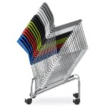 set of multicoloured stacking conference chairs on stacking trolly