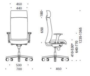 Illustration showing dimensions of high back Aura task chair with headrest