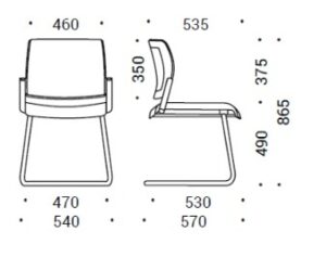 Illustration showing Dimensions of Aura Meeting chair cantilever frame version 
