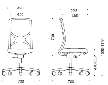 Illustration showing dimensions of Breeze Task Chair without armrests