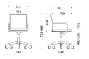 Illustration showing dimensions of Diva Visitor Task chair on swivelling base
