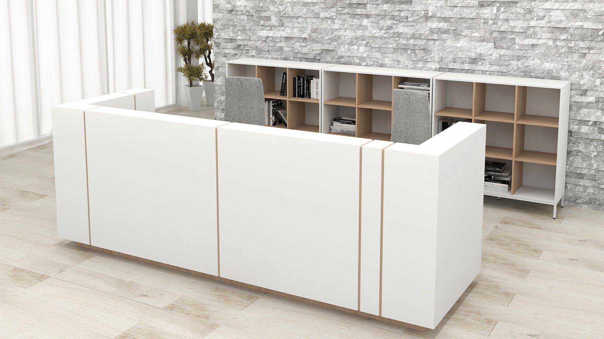 Ice reception desk in white MFC with oak vertical linear decorative insert strips