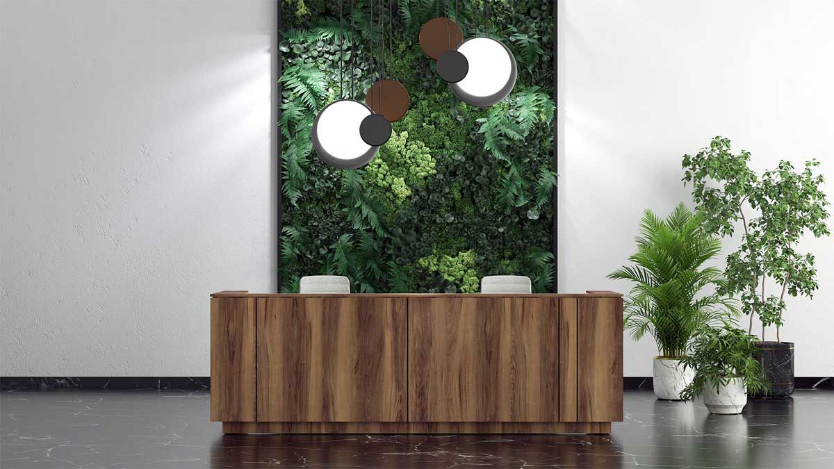 Ice Reception Desk in Walnut Natural wood Veneer paneling and 2 receptionist positions