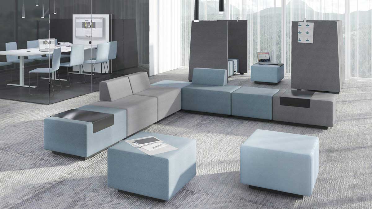 Octopus Chill Modular Linear soft seating arrangement in blue and grey fabrics