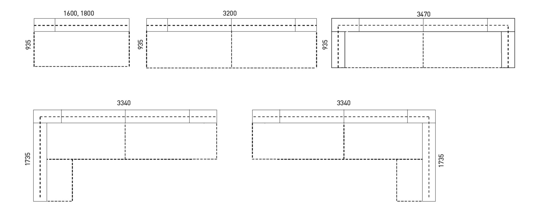 Illustration showing dimensions of all 5 Nova reception counter configurations
