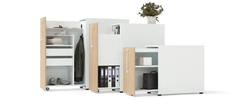 Desk-end tower storage units in three different heights