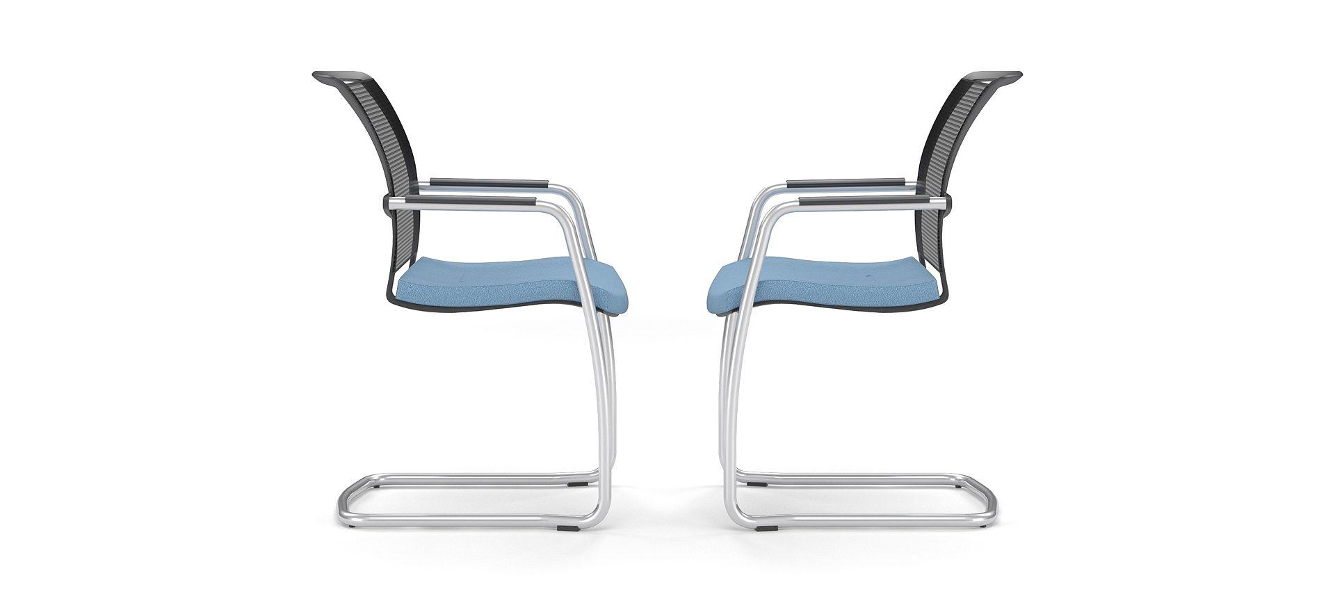 Pair of Diva Cantilever Meeting chairs with black mesh back, chromed frame and blue upholstered seatpad