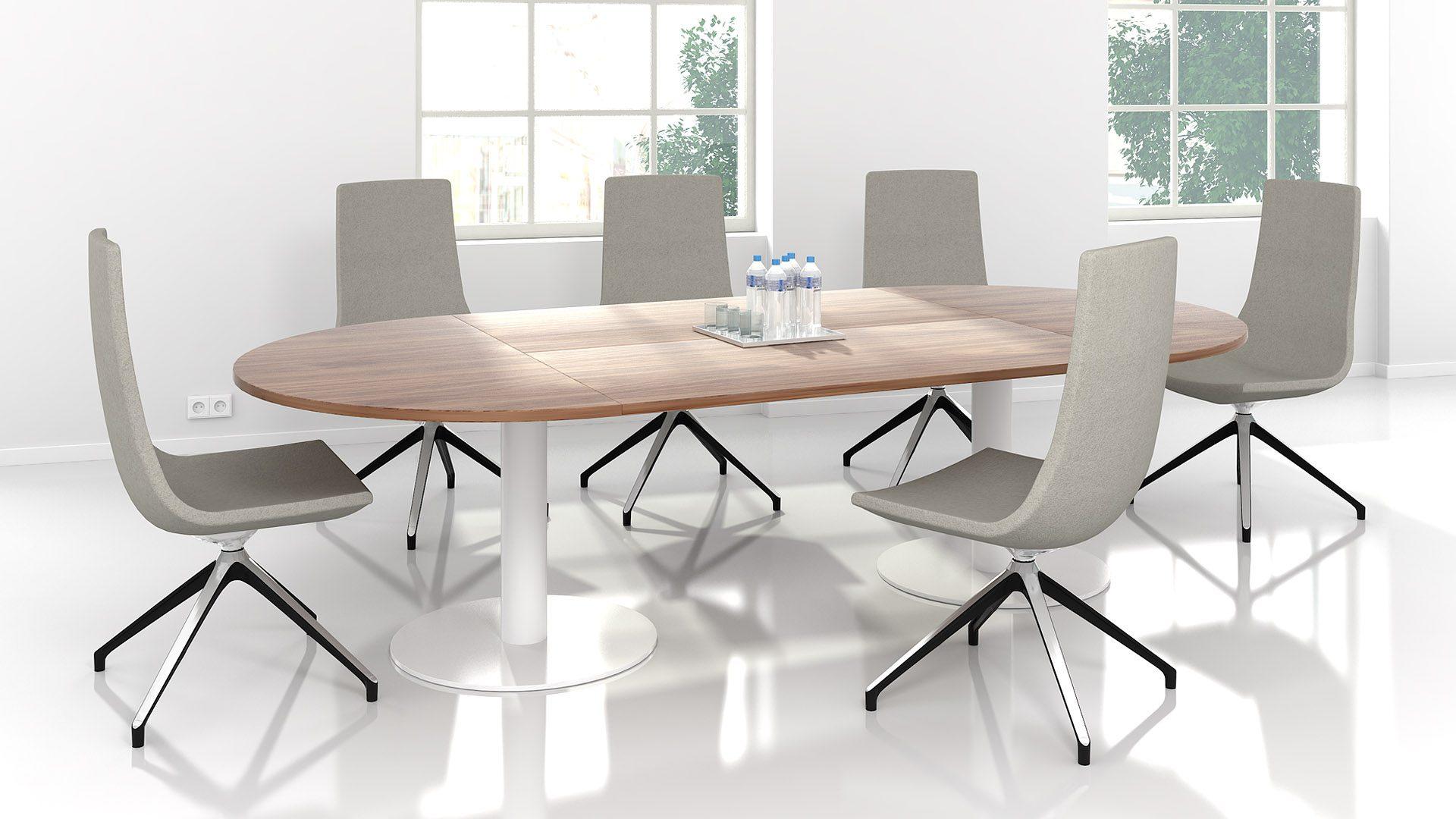 Forum Rounded End Meeting table, 1.4m wide and 2.8m long with white bases