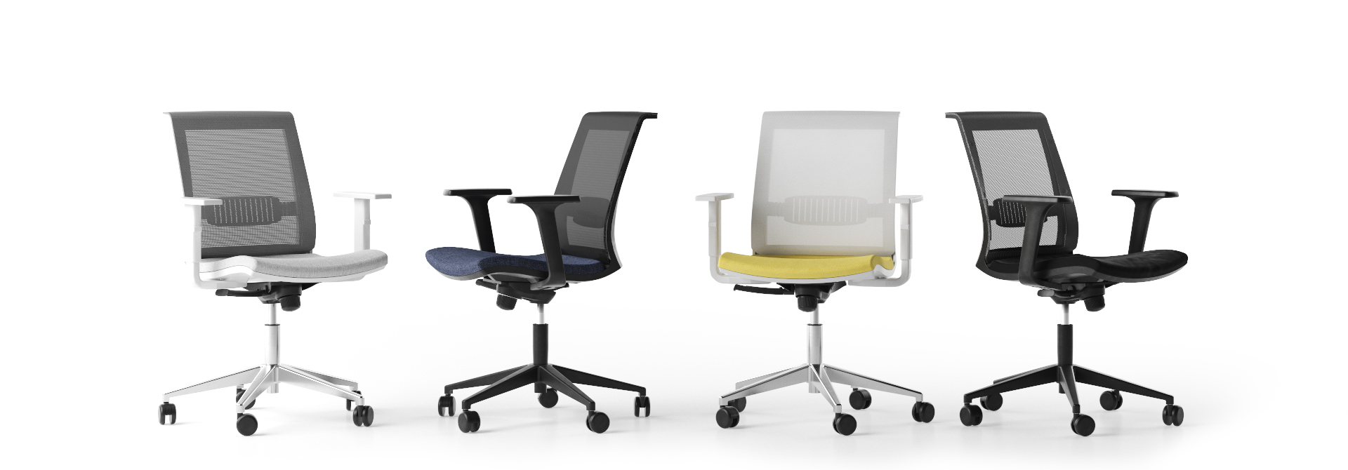 EvaOne Chair range showing 4 chairs each equipped differently