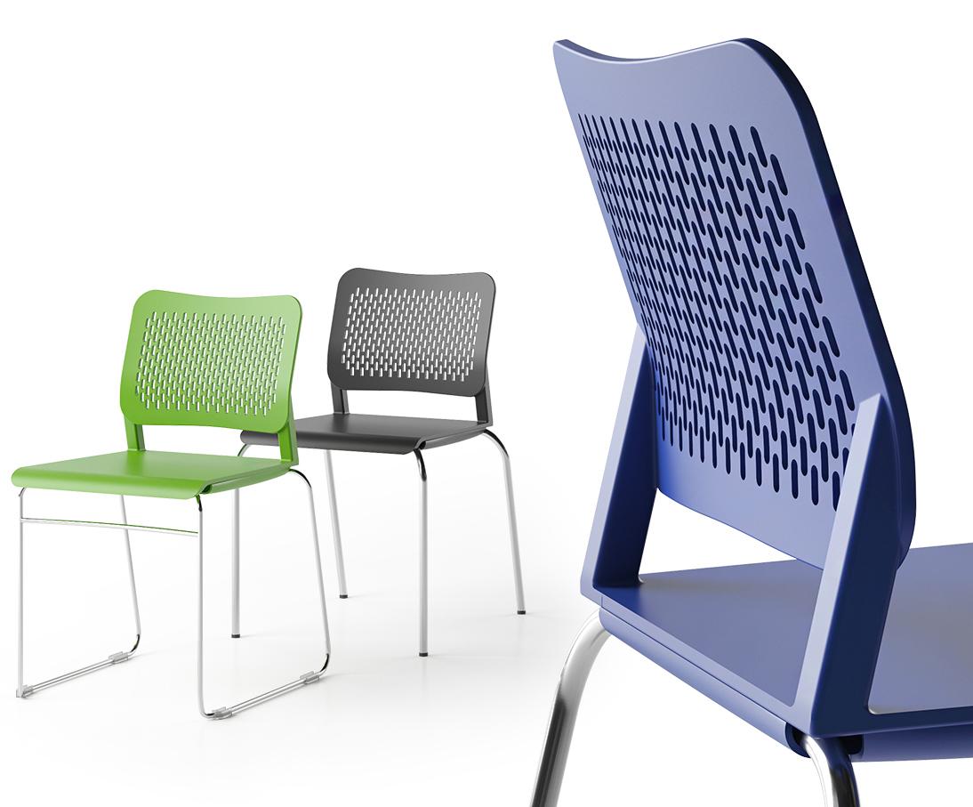 Wait plastic stacking chair range showing green, black and blue colour range