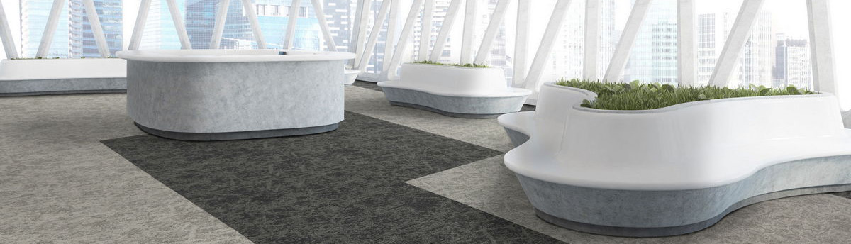 'Osaka' carpet tiles by Burmatex. Heavy contract for offices, solution dyed nylon with multilevel structured loop. A mixture of patterned grey shades 