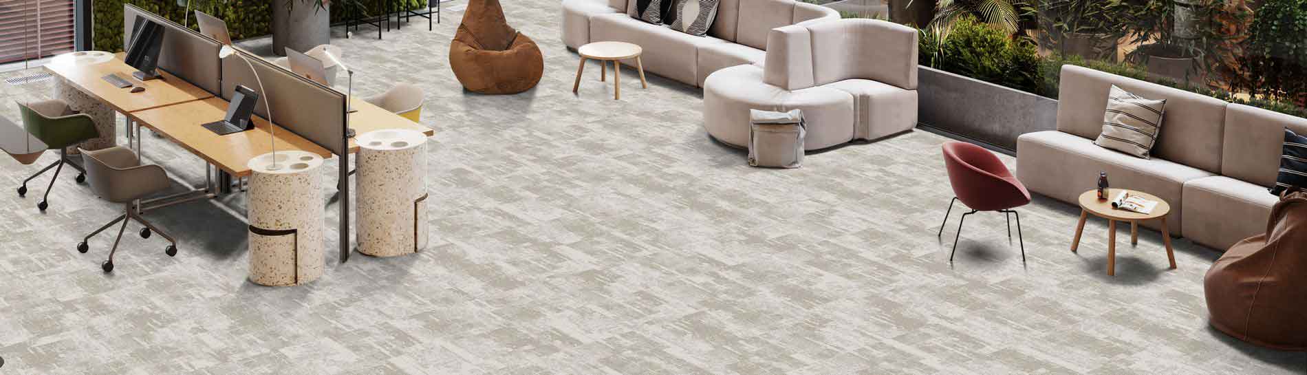 Burmatex Arctic carpet tile range showing oslo fog colour. made with the worlds very first negative carbon recycled carpet yarn. 