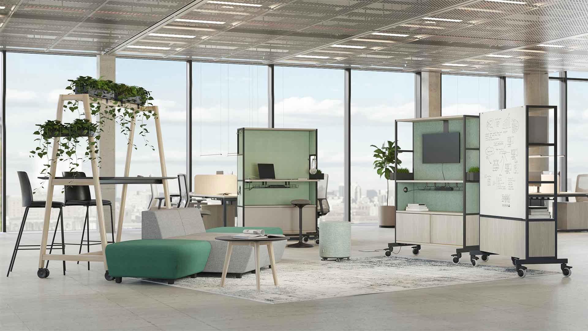 WORKLAB flexible mobile office workstations with desk worktops, storage, whiteboard and screens
