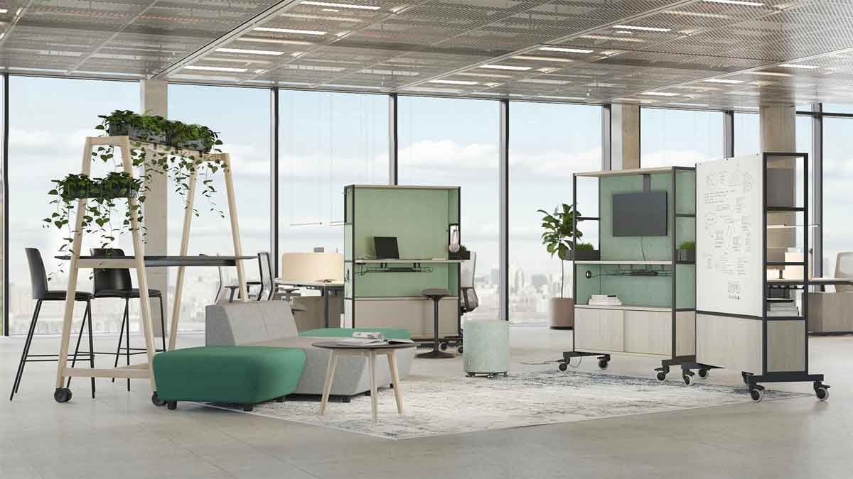 Mobile workstation on castors for flexible office working. All-in-one Desk, storage, privacy screen, room divider, media wall, ambient room noise reduction 