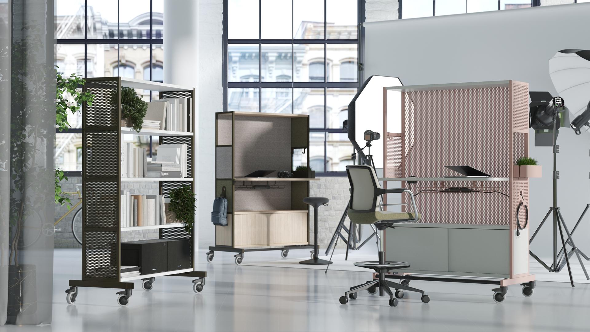 Worklab combination mobile office workstations incorporating desk, storage and privacy screening on castors