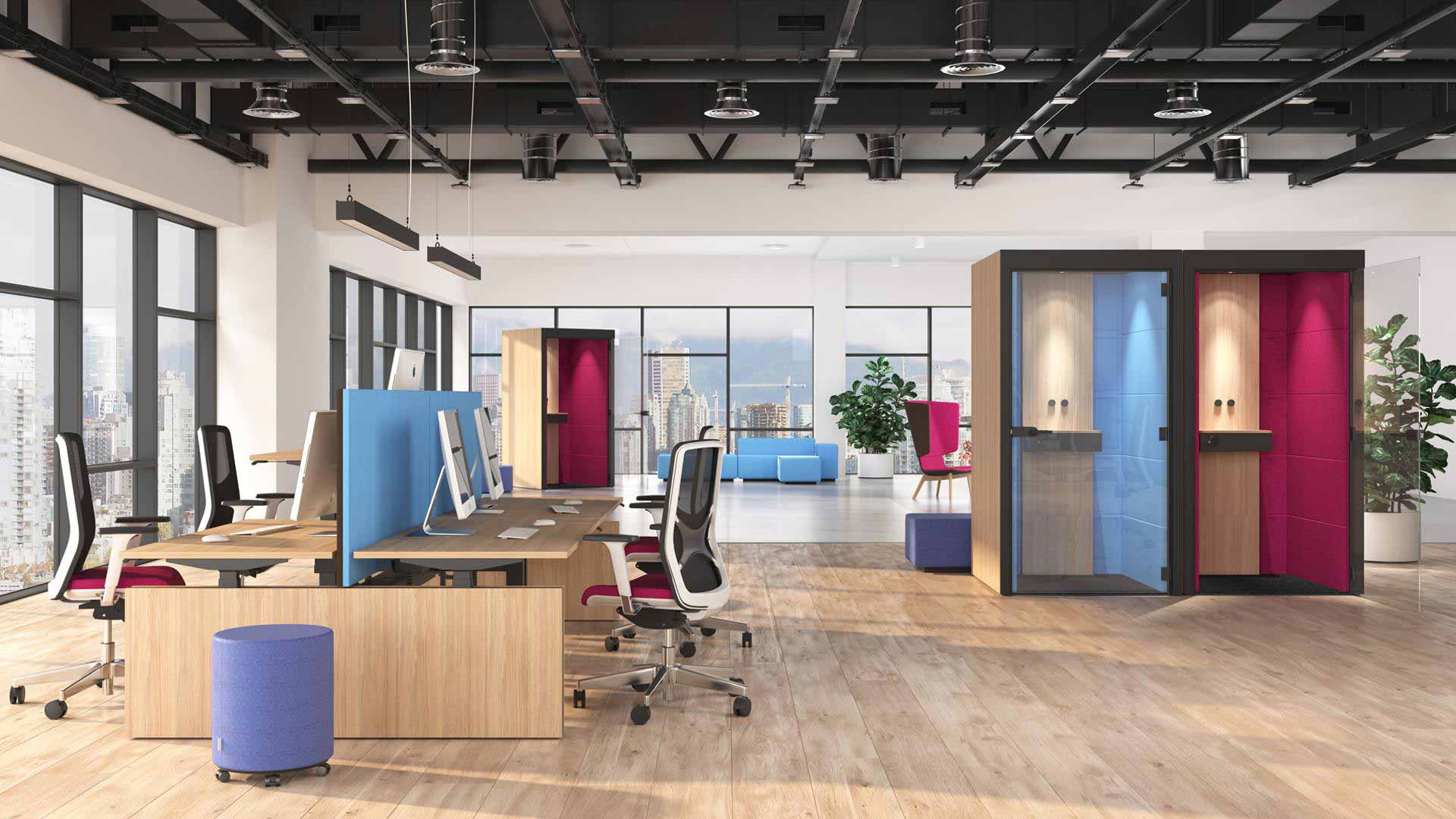 Office Furniture within open plan office space including sit-stand desking, task chairs, screens, acoustic meeting pods and soft breakout meeting furniture