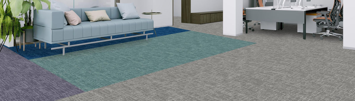 Balance Grid Carpet tiles within office environment in shades of mauve, magenta and light grey