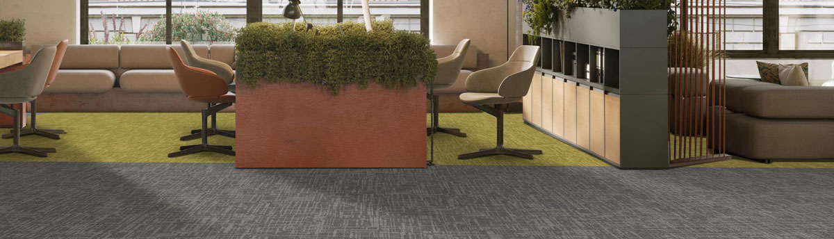 NYLON Multi-Level Loop Grid Pattern Carpet Tile in Green and Grey shades within open office area