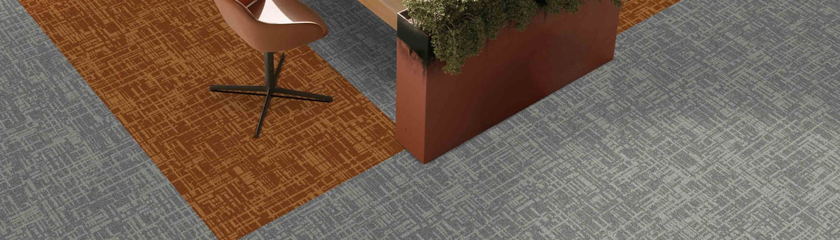 Balance Grid carpet tiles by Burmatex selected view with orange and grey colours