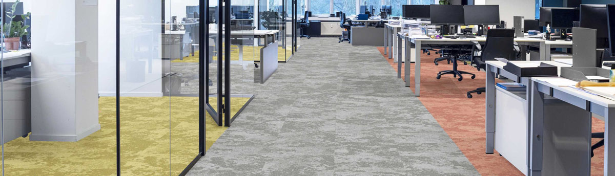 Snowfall heavy contract office carpet tile in red yellow and greys.